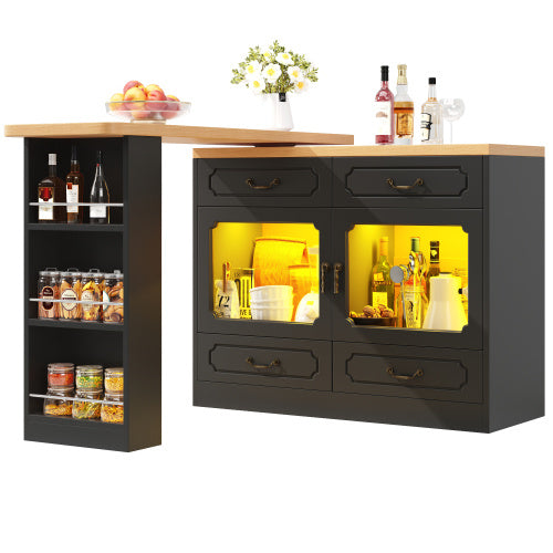 360 Rotation, Bar Table Main Body 135-203 X 39 X 92.8 Cm, Coffee Bar Furniture, Rotatable Dining Bar With Storage, Kitchen Island, Double Doors With Four Drawers, 3-tier Open Storage Space, Black
