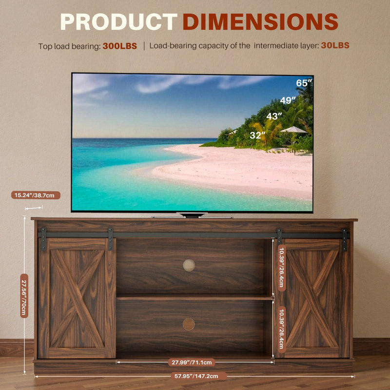 65-inch Solid Wood TV Cabinet With Double-layer Storage Space Sliding Door, Modern Living Room Furniture