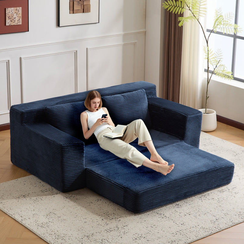 Loveseat Sofa, Comfortable Deep Seat Sofa Bed, Modern Small Corduroy Couch For Living Room Bedroom,Reversible Cushion With Pillows,No Assembly Required, Dark-blue