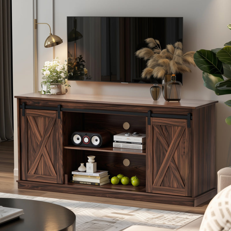 65-inch Solid Wood TV Cabinet With Double-layer Storage Space Sliding Door, Modern Living Room Furniture