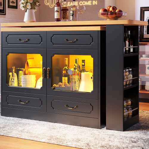 360 Rotation, Bar Table Main Body 135-203 X 39 X 92.8 Cm, Coffee Bar Furniture, Rotatable Dining Bar With Storage, Kitchen Island, Double Doors With Four Drawers, 3-tier Open Storage Space, Black