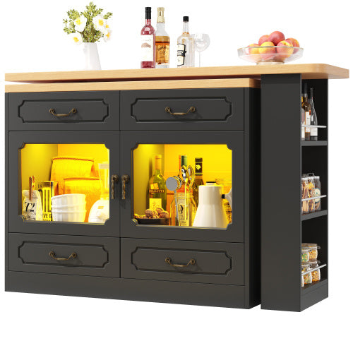 360 Rotation, Bar Table Main Body 135-203 X 39 X 92.8 Cm, Coffee Bar Furniture, Rotatable Dining Bar With Storage, Kitchen Island, Double Doors With Four Drawers, 3-tier Open Storage Space, Black