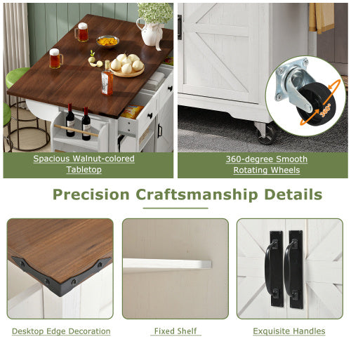 Kitchen Island, Serving Cart With Extendable Worktop, Kitchen Cart On Wheels, Kitchen Cabinet With 2 Sliding Doors And 3 Drawers, Dining Cart With Wood Grain, Kitchen Cabinet