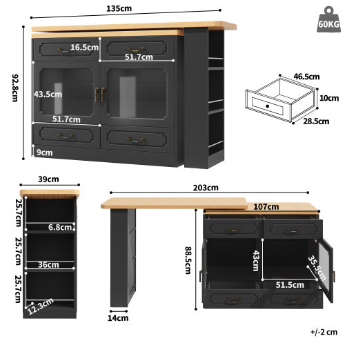 360 Rotation, Bar Table Main Body 135-203 X 39 X 92.8 Cm, Coffee Bar Furniture, Rotatable Dining Bar With Storage, Kitchen Island, Double Doors With Four Drawers, 3-tier Open Storage Space, Black