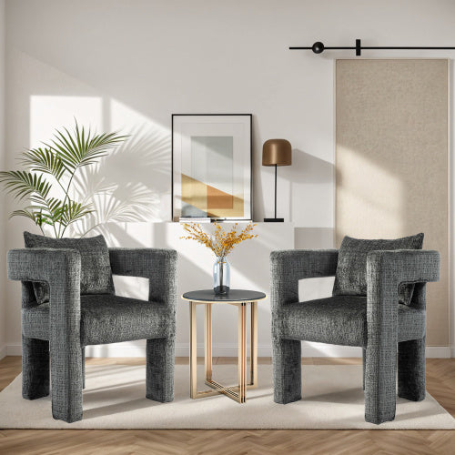 GOMYWAY Modern Chenille Lounge Chair With A Unique Hollow Armrest Design, With Comfortable Cushions And Pillows, Suitable For Living Rooms, Dining Rooms, Bedrooms And Offices Dark Gray,set Of 2