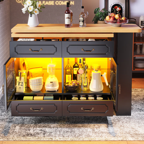 360 Rotation, Bar Table Main Body 135-203 X 39 X 92.8 Cm, Coffee Bar Furniture, Rotatable Dining Bar With Storage, Kitchen Island, Double Doors With Four Drawers, 3-tier Open Storage Space, Black